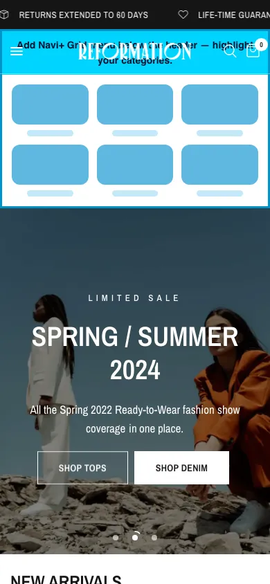 Navi+ Grid Menu on the Reformation Shopify theme Navi+ Grid Menu on the Reformation Shopify theme