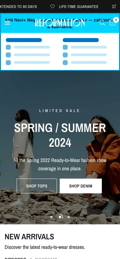Navi+ mobile Mega Menu on the Reformation Shopify theme Navi+ mobile Mega Menu on the Reformation Shopify theme