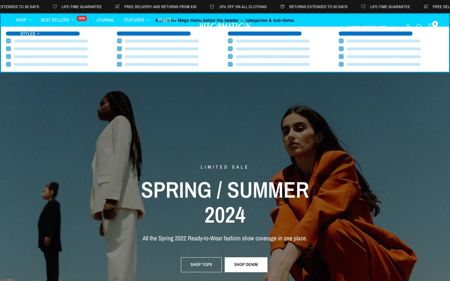 Navi+ Mega Menu inserted below the header on the Reformation Shopify theme Navi+ Mega Menu inserted below the header on the Reformation Shopify theme