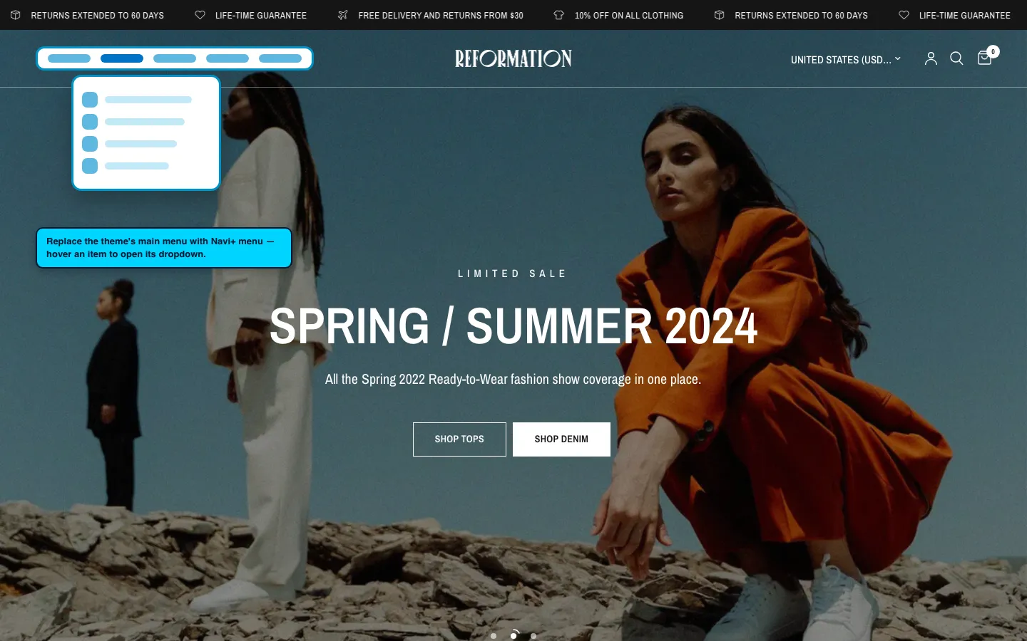 Navi+ Mega Menu replacing the desktop menu on the Reformation Shopify theme Navi+ Mega Menu replacing the desktop menu on the Reformation Shopify theme