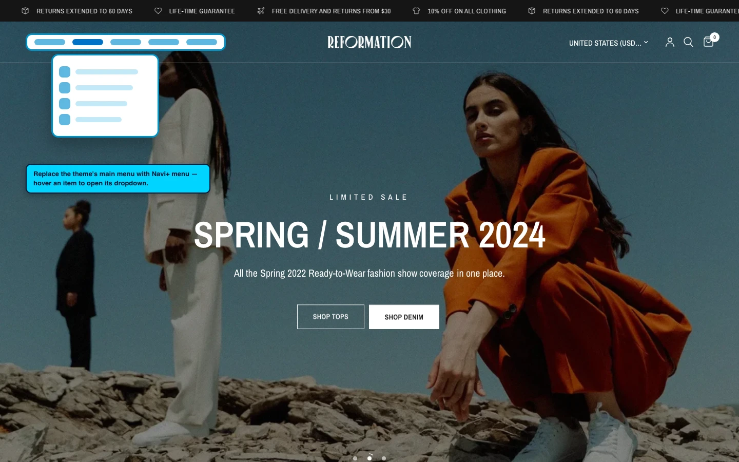 Navi+ Mega Menu replacing the desktop menu on the Reformation Shopify theme Navi+ Mega Menu replacing the desktop menu on the Reformation Shopify theme