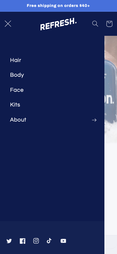 Hamburger → panel opened — Navi+ on the Refresh Shopify theme
