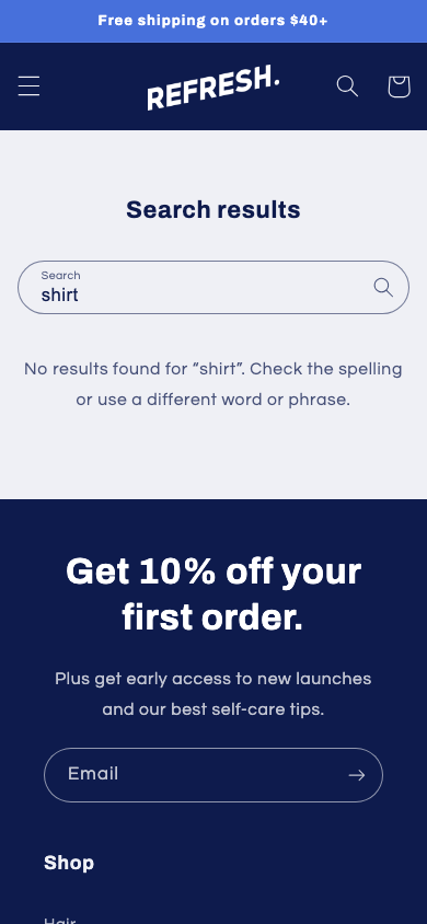 Search → panel opened — Navi+ on the Refresh Shopify theme
