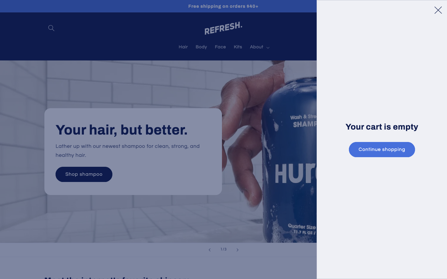 Cart → panel opened — Navi+ on the Refresh Shopify theme