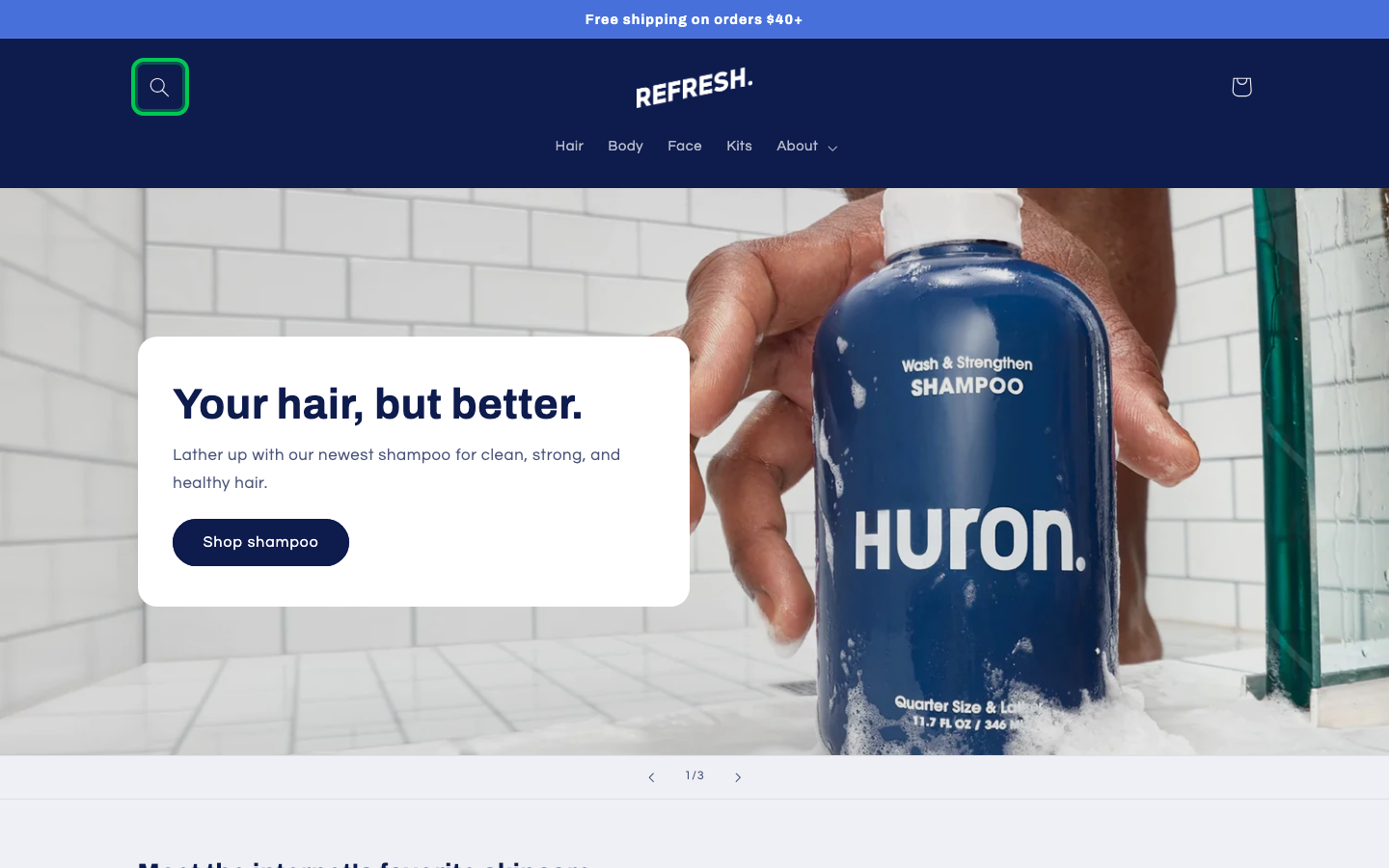 Search → panel opened — Navi+ on the Refresh Shopify theme