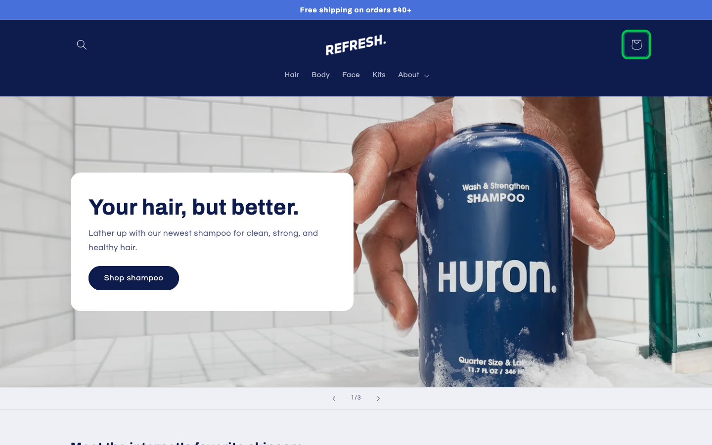 Cart → panel opened — Navi+ on the Refresh Shopify theme