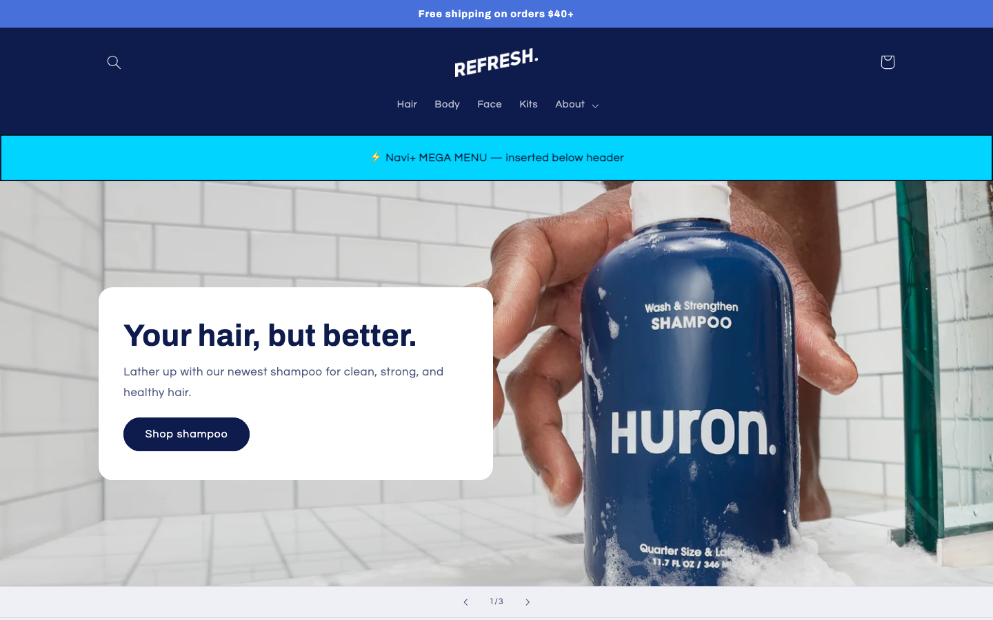 Menu inserted below header — Navi+ on the Refresh Shopify theme