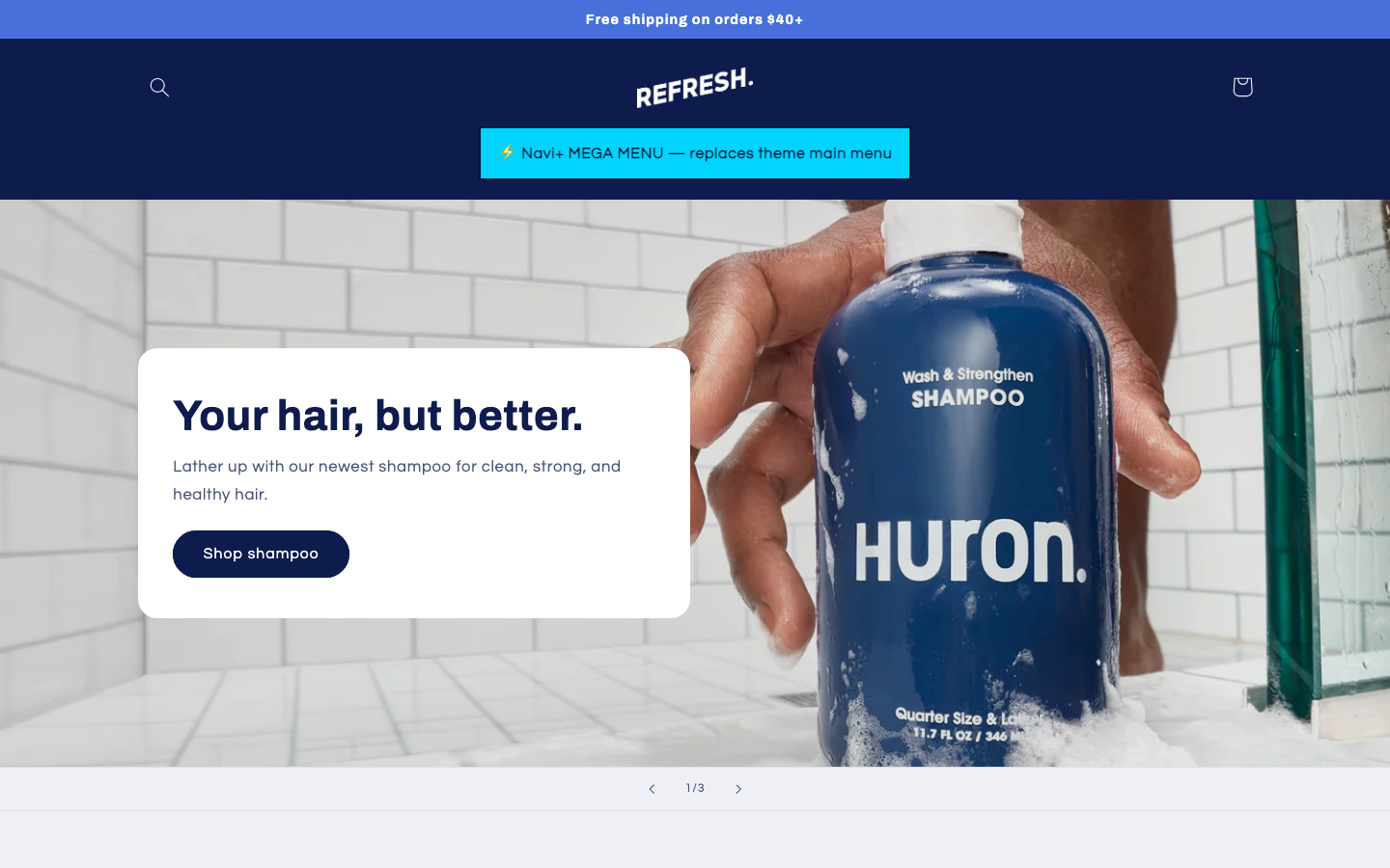 Replace main menu — Navi+ on the Refresh Shopify theme