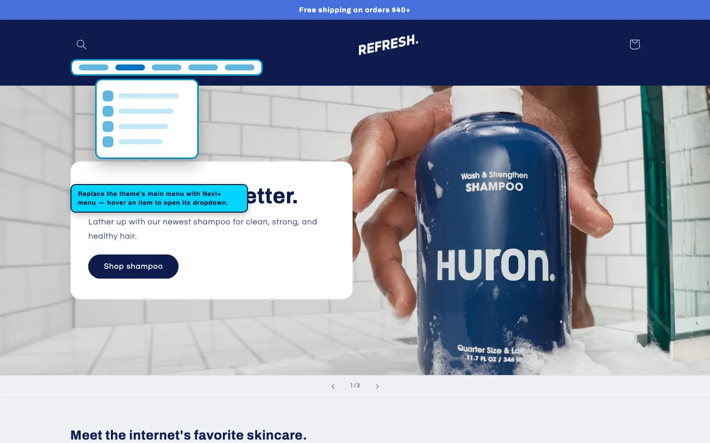 Navi+ Mega Menu replacing the desktop menu on the Refresh Shopify theme