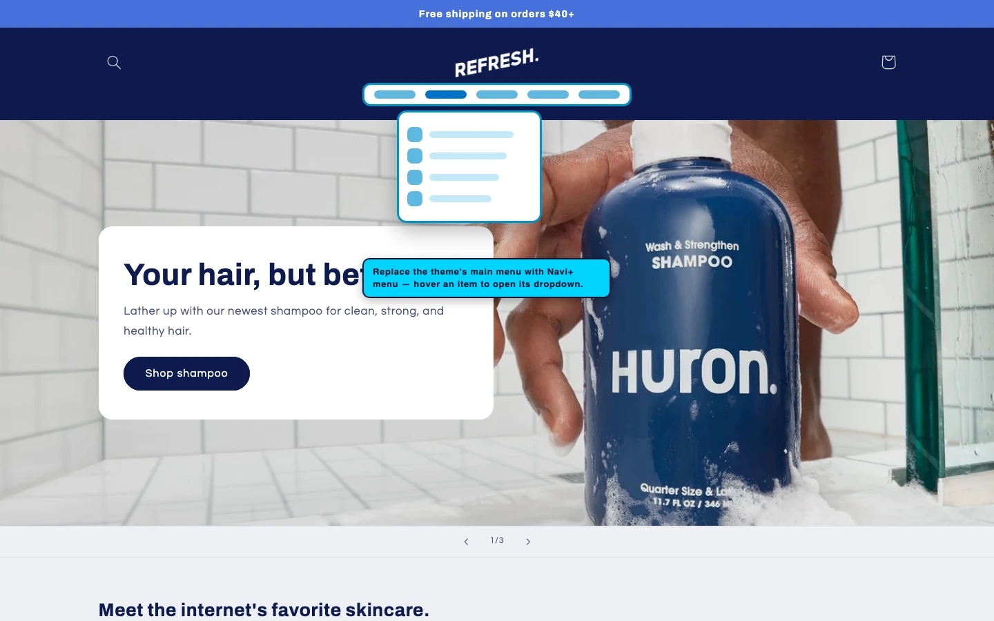 Navi+ Mega Menu replacing the desktop menu on the Refresh Shopify theme Navi+ Mega Menu replacing the desktop menu on the Refresh Shopify theme
