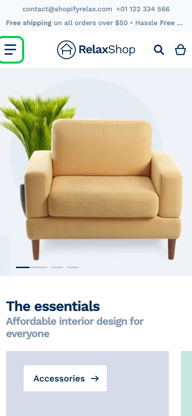 Hamburger → panel opened — Navi+ on the Relax Shopify theme