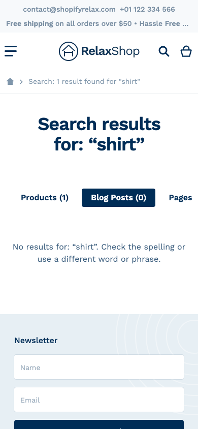 Search → panel opened — Navi+ on the Relax Shopify theme