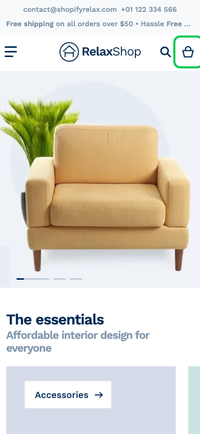 Cart → panel opened — Navi+ on the Relax Shopify theme