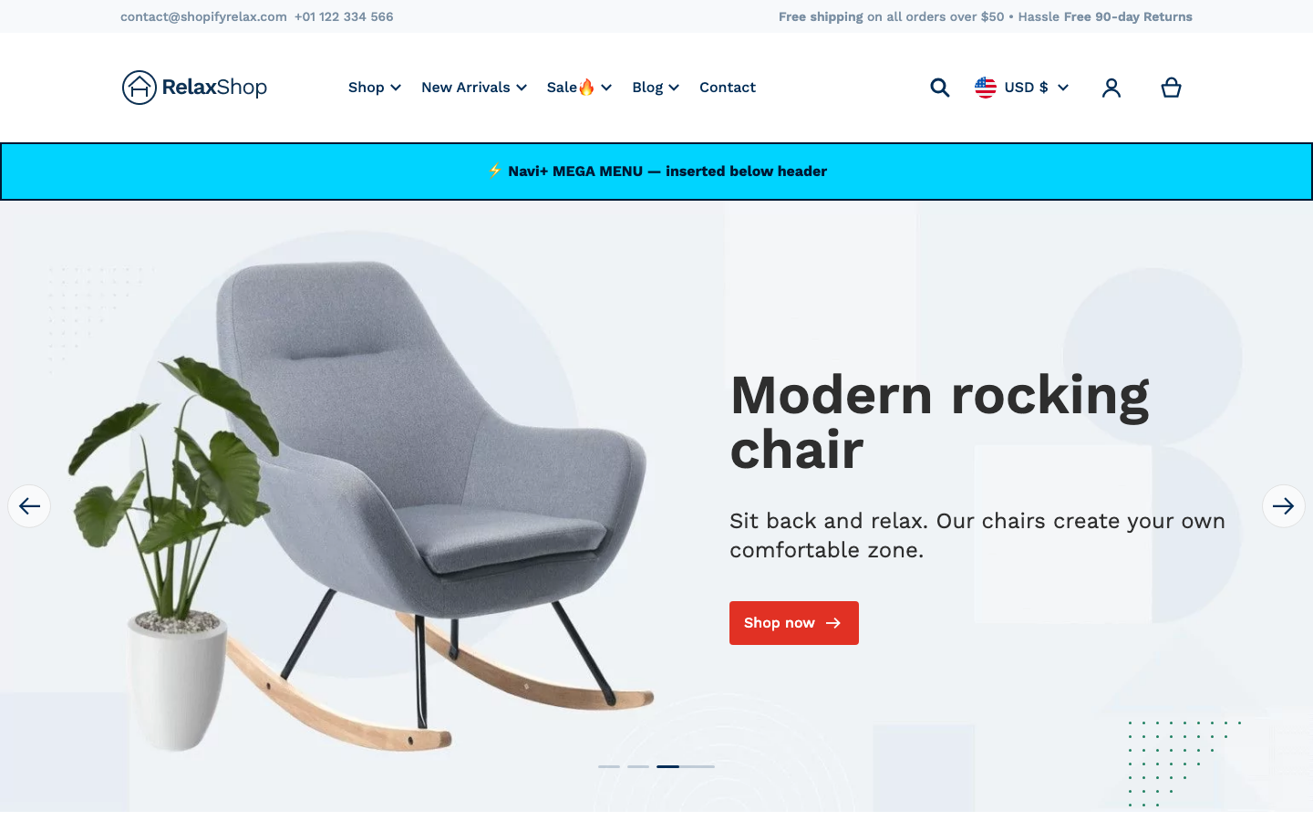 Menu inserted below header — Navi+ on the Relax Shopify theme