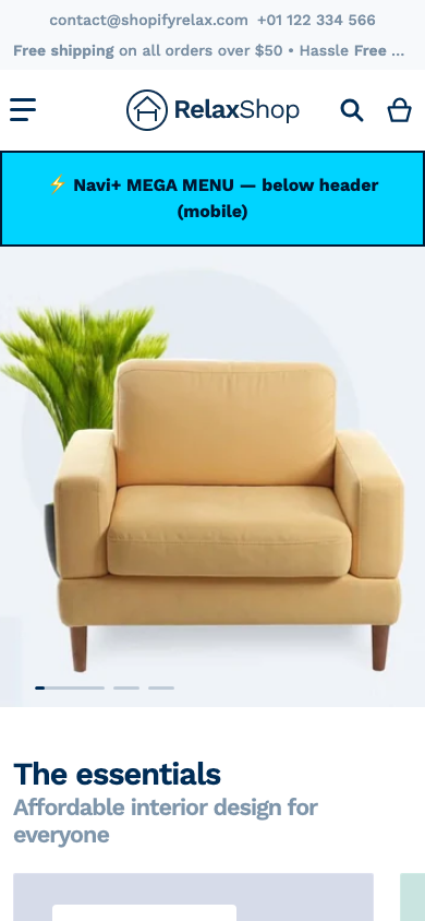 Menu inserted below header — Navi+ on the Relax Shopify theme