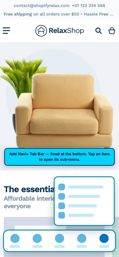 Navi+ Tab Bar on the Relax Shopify theme Navi+ Tab Bar on the Relax Shopify theme
