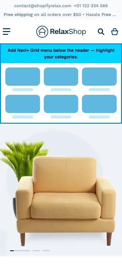 Navi+ Grid Menu on the Relax Shopify theme Navi+ Grid Menu on the Relax Shopify theme