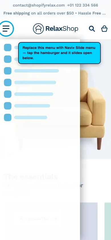 Navi+ Slide Menu on the Relax Shopify theme Navi+ Slide Menu on the Relax Shopify theme