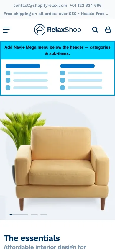 Navi+ mobile Mega Menu on the Relax Shopify theme Navi+ mobile Mega Menu on the Relax Shopify theme