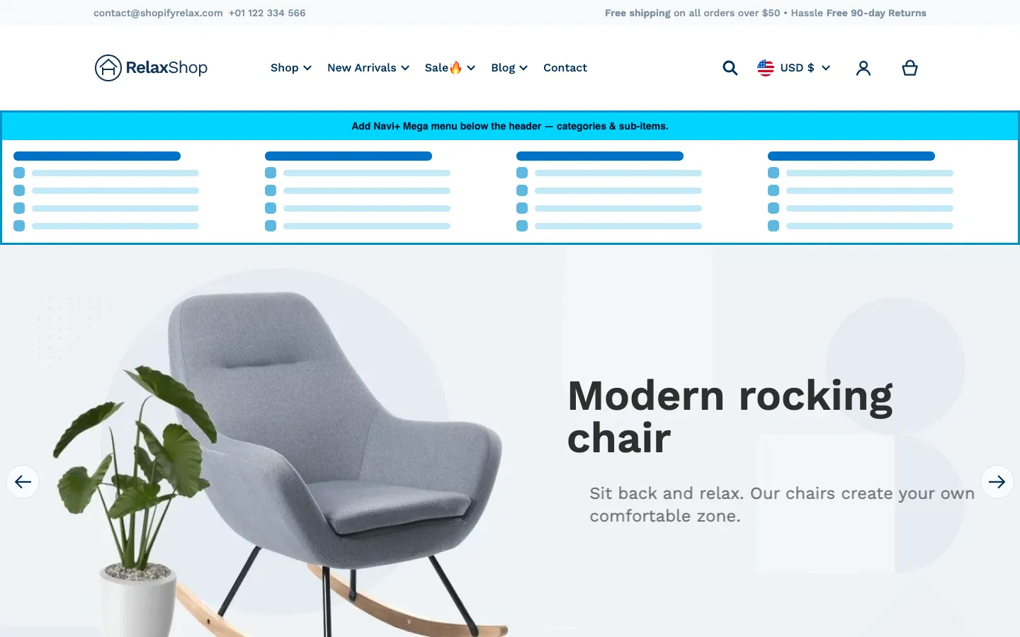 Navi+ Mega Menu inserted below the header on the Relax Shopify theme Navi+ Mega Menu inserted below the header on the Relax Shopify theme