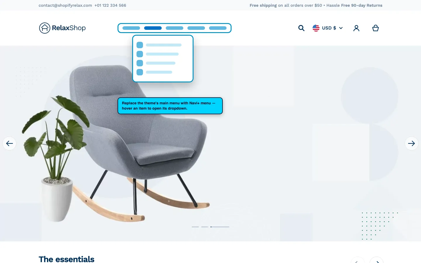 Navi+ Mega Menu replacing the desktop menu on the Relax Shopify theme