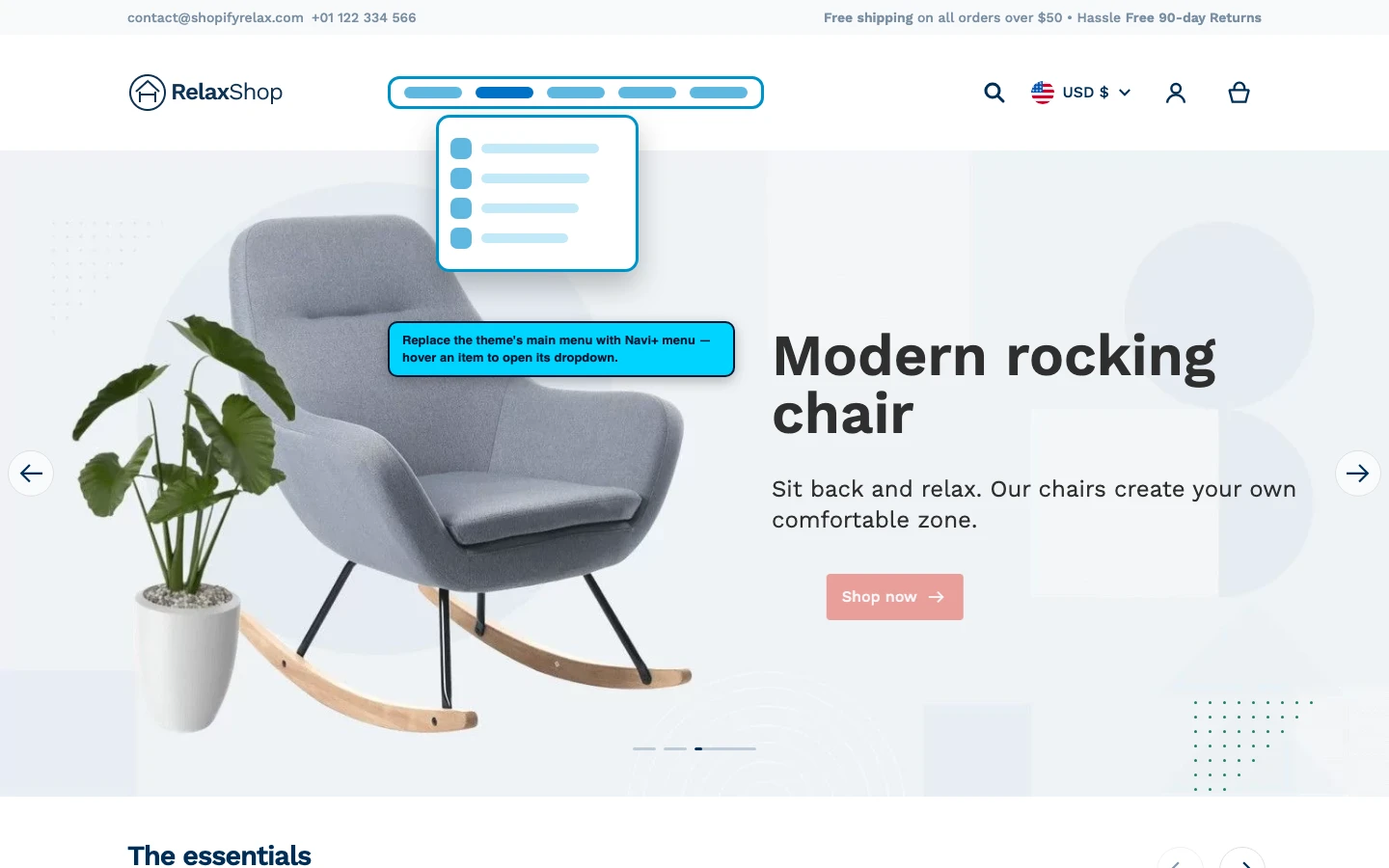 Navi+ Mega Menu replacing the desktop menu on the Relax Shopify theme Navi+ Mega Menu replacing the desktop menu on the Relax Shopify theme