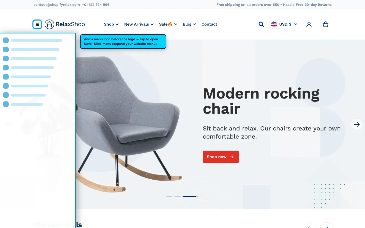 Navi+ trigger icon before the logo on the Relax Shopify theme Navi+ trigger icon before the logo on the Relax Shopify theme