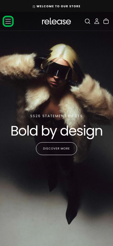 Hamburger → panel opened — Navi+ on the Release Shopify theme