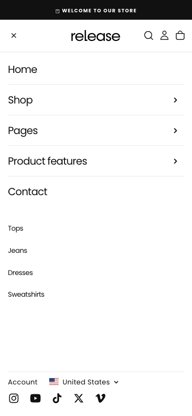 Hamburger → panel opened — Navi+ on the Release Shopify theme