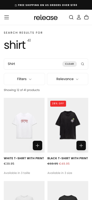 Search → panel opened — Navi+ on the Release Shopify theme