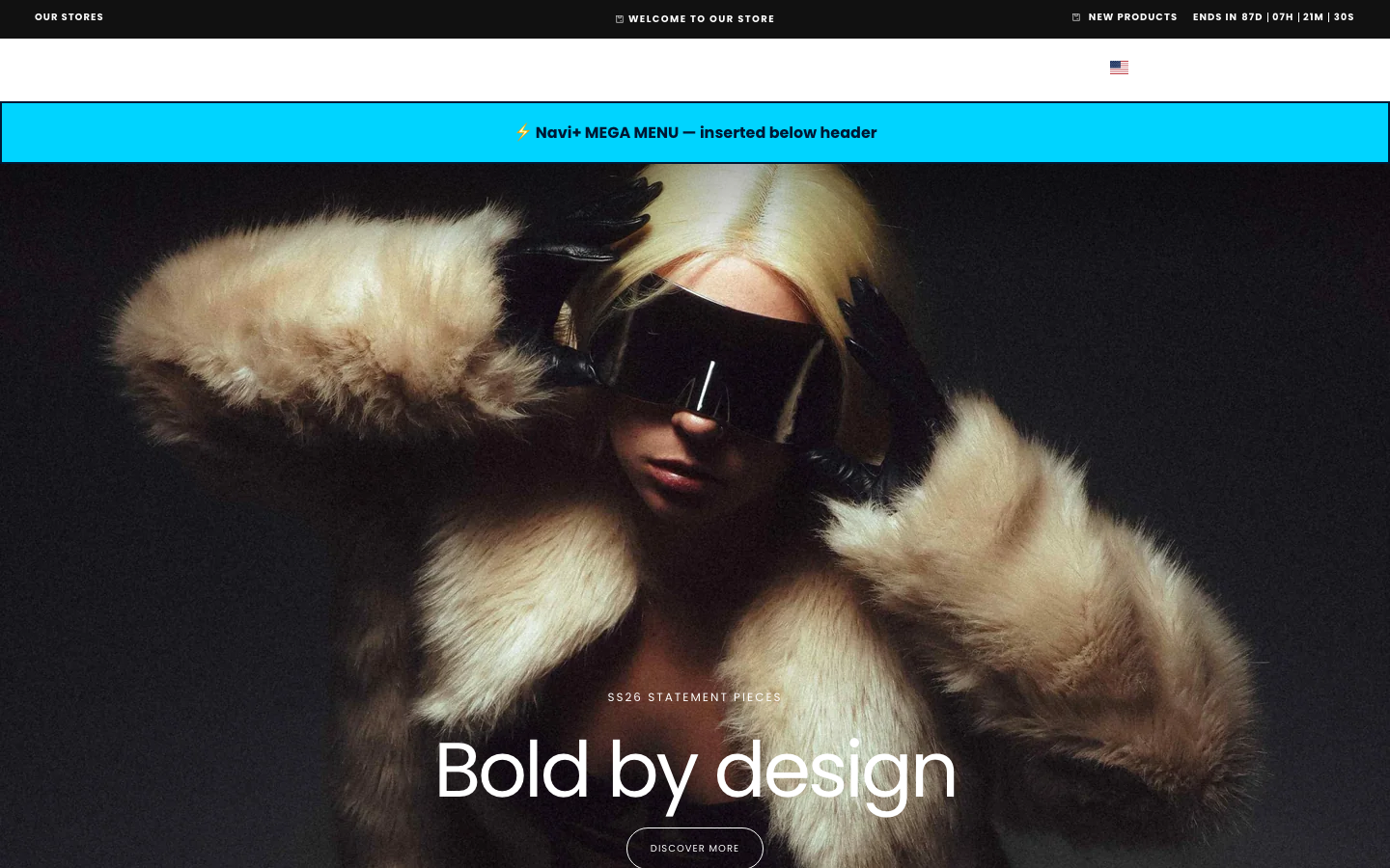 Menu inserted below header — Navi+ on the Release Shopify theme