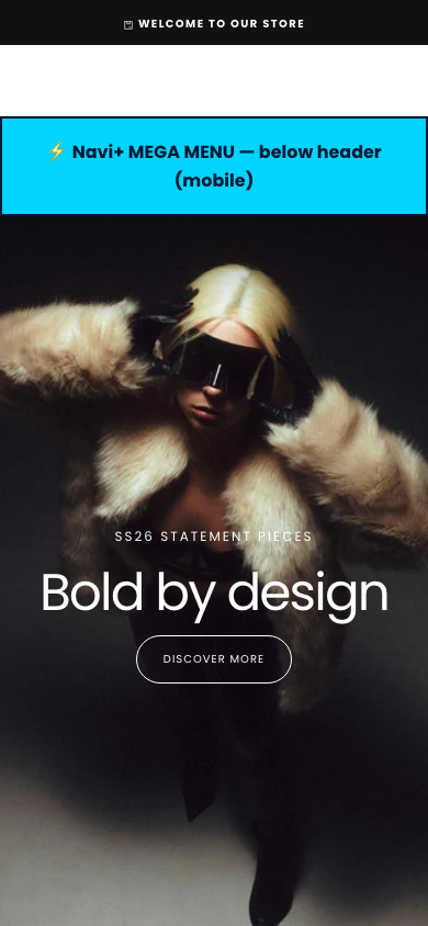 Menu inserted below header — Navi+ on the Release Shopify theme