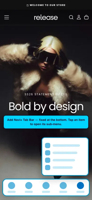 Navi+ Tab Bar on the Release Shopify theme Navi+ Tab Bar on the Release Shopify theme
