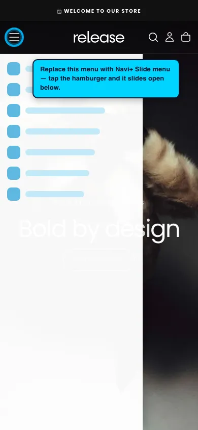 Navi+ Slide Menu on the Release Shopify theme Navi+ Slide Menu on the Release Shopify theme