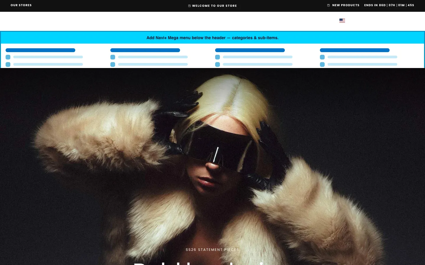Navi+ Mega Menu inserted below the header on the Release Shopify theme Navi+ Mega Menu inserted below the header on the Release Shopify theme