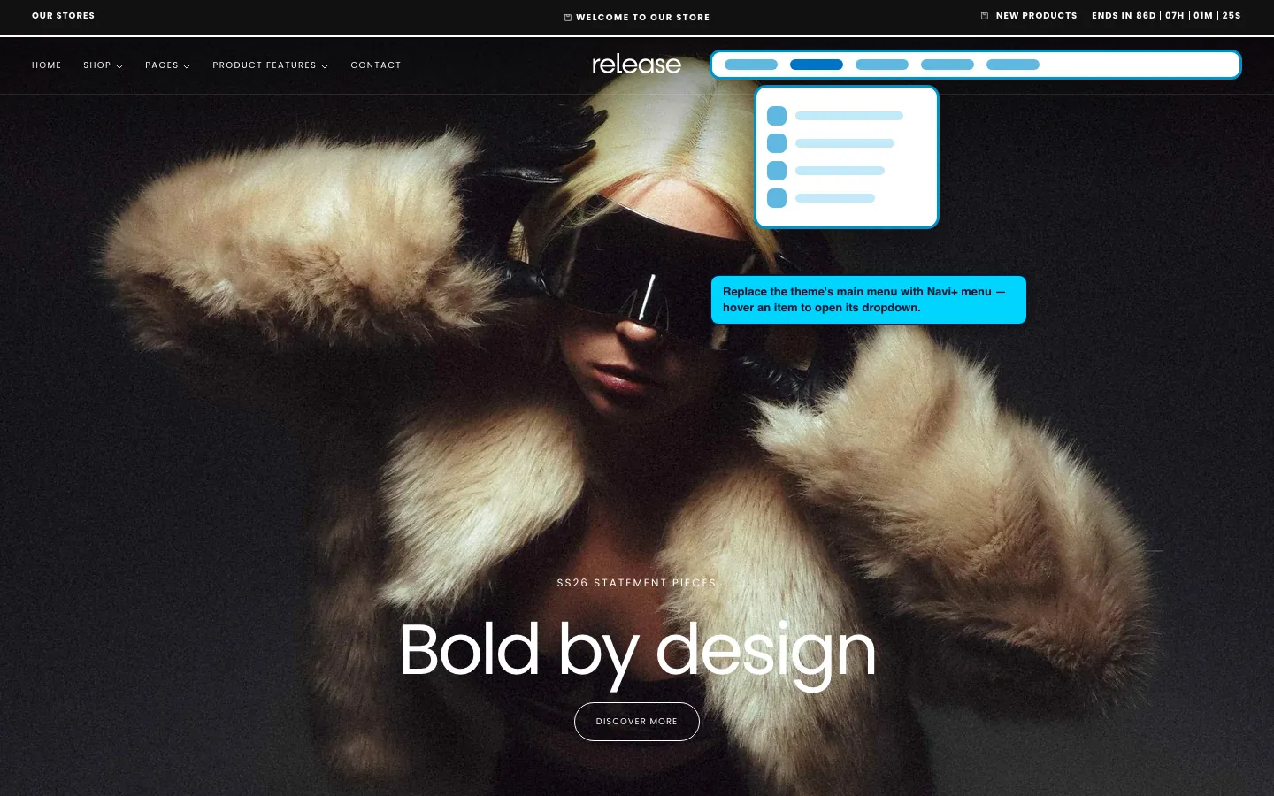 Navi+ Mega Menu replacing the desktop menu on the Release Shopify theme