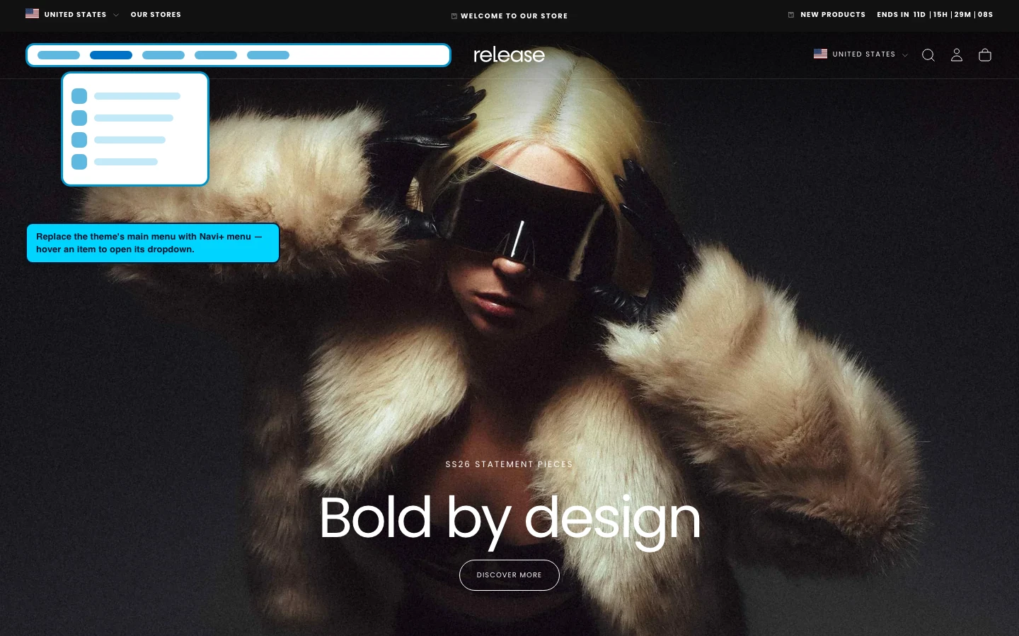 Navi+ Mega Menu replacing the desktop menu on the Release Shopify theme Navi+ Mega Menu replacing the desktop menu on the Release Shopify theme