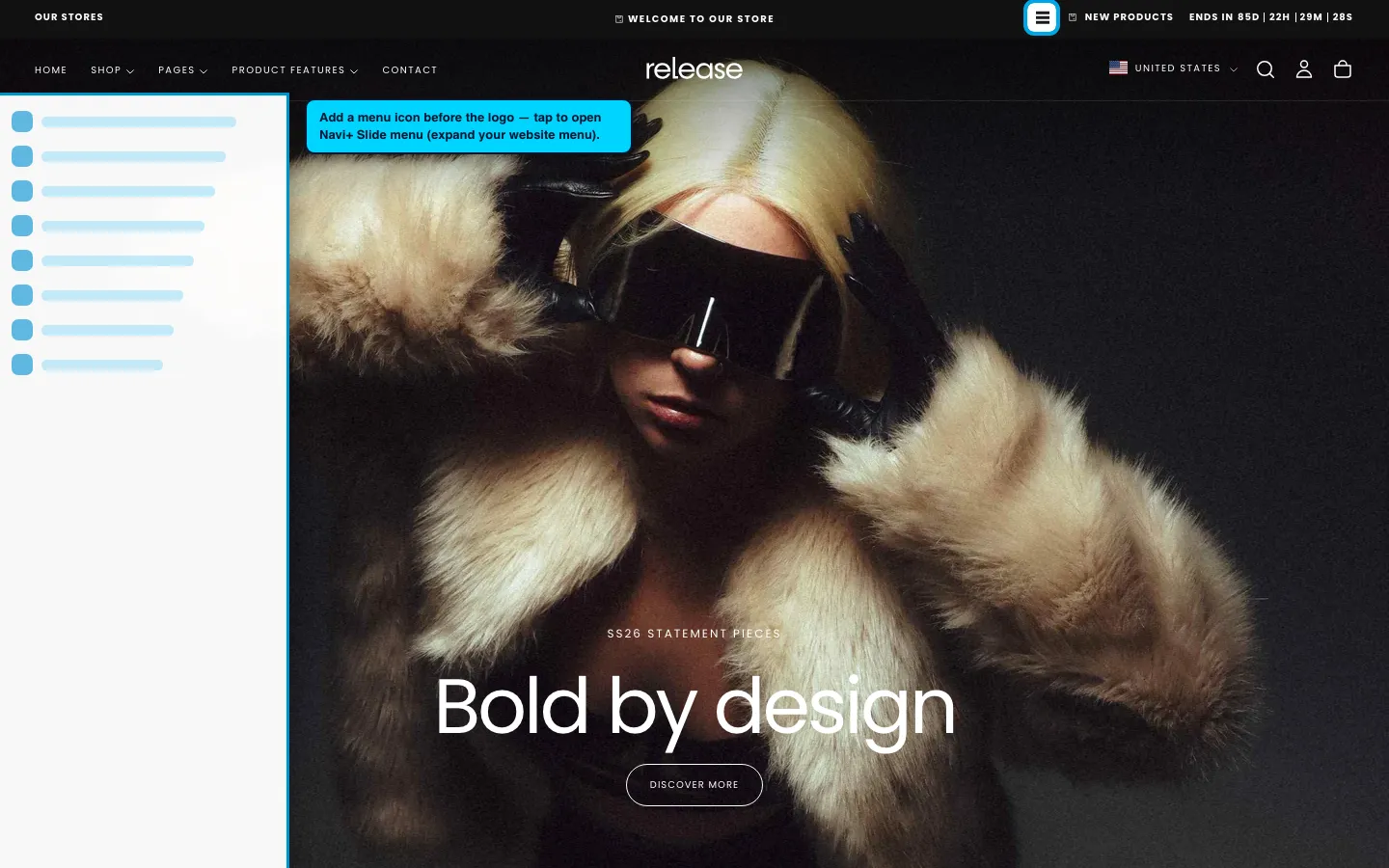 Navi+ trigger icon before the logo on the Release Shopify theme Navi+ trigger icon before the logo on the Release Shopify theme