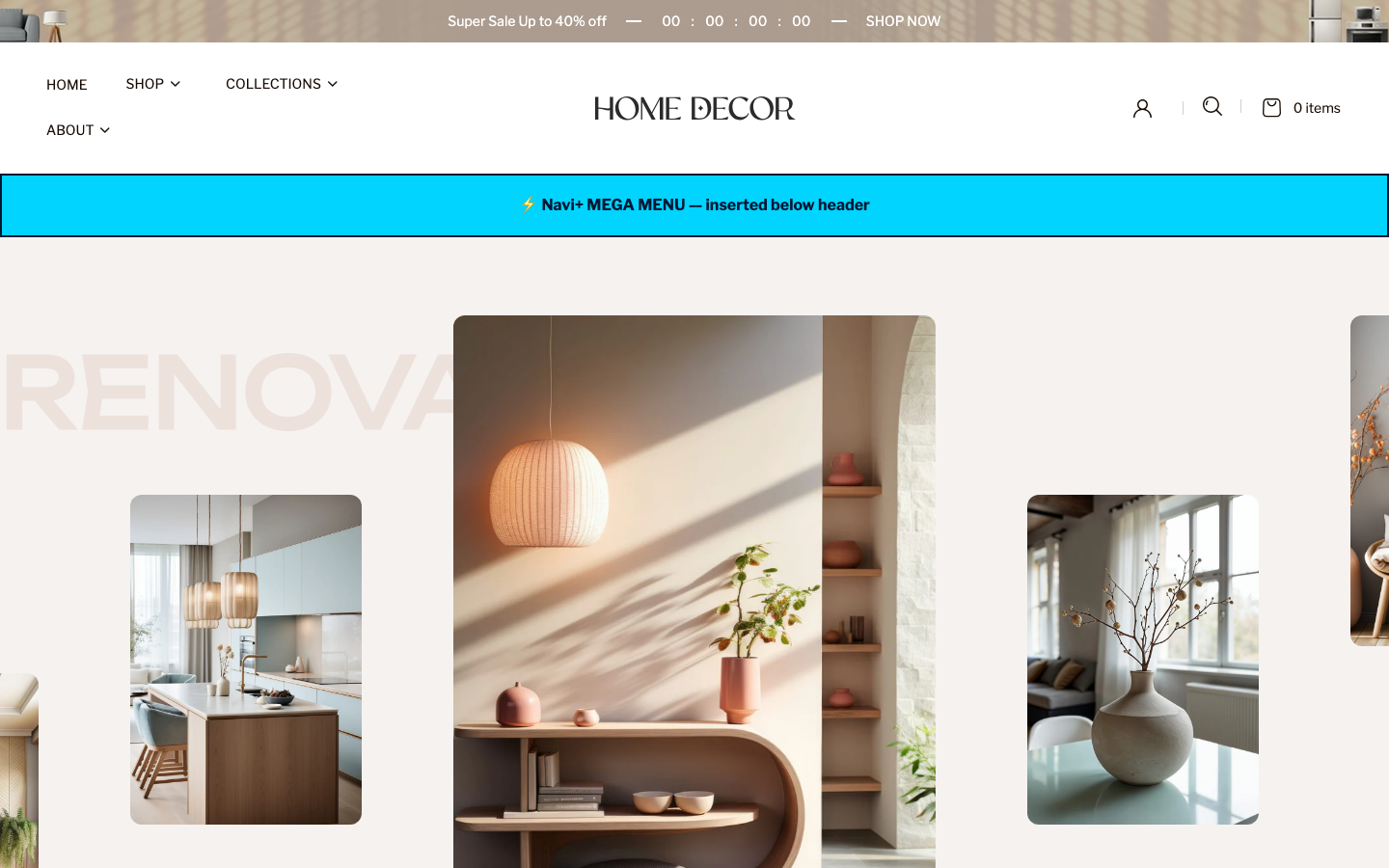 Menu inserted below header — Navi+ on the Renovate Shopify theme Menu inserted below header — Navi+ on the Renovate Shopify theme