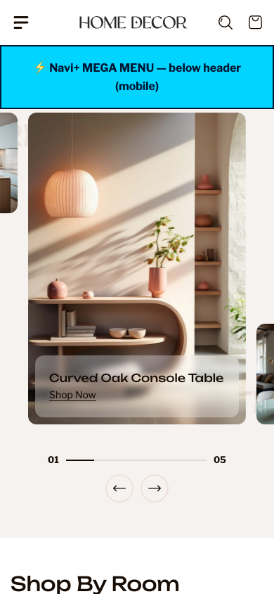 Menu inserted below header — Navi+ on the Renovate Shopify theme Menu inserted below header — Navi+ on the Renovate Shopify theme