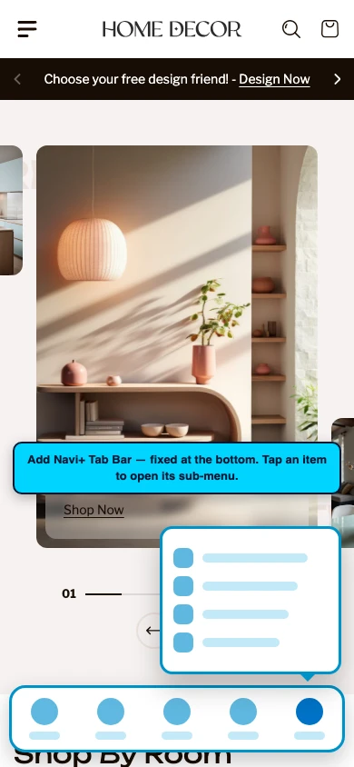 Navi+ Tab Bar on the Renovate Shopify theme Navi+ Tab Bar on the Renovate Shopify theme