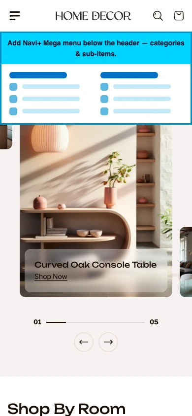 Navi+ mobile Mega Menu on the Renovate Shopify theme Navi+ mobile Mega Menu on the Renovate Shopify theme