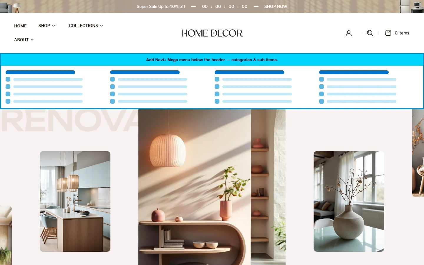 Navi+ Mega Menu inserted below the header on the Renovate Shopify theme Navi+ Mega Menu inserted below the header on the Renovate Shopify theme