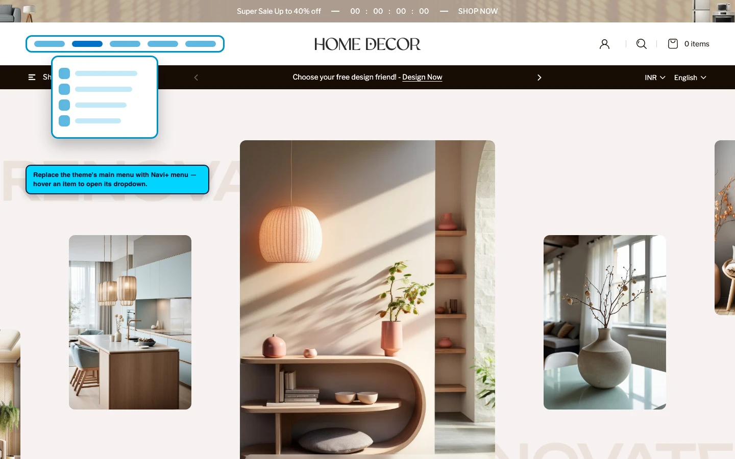 Navi+ Mega Menu replacing the desktop menu on the Renovate Shopify theme Navi+ Mega Menu replacing the desktop menu on the Renovate Shopify theme