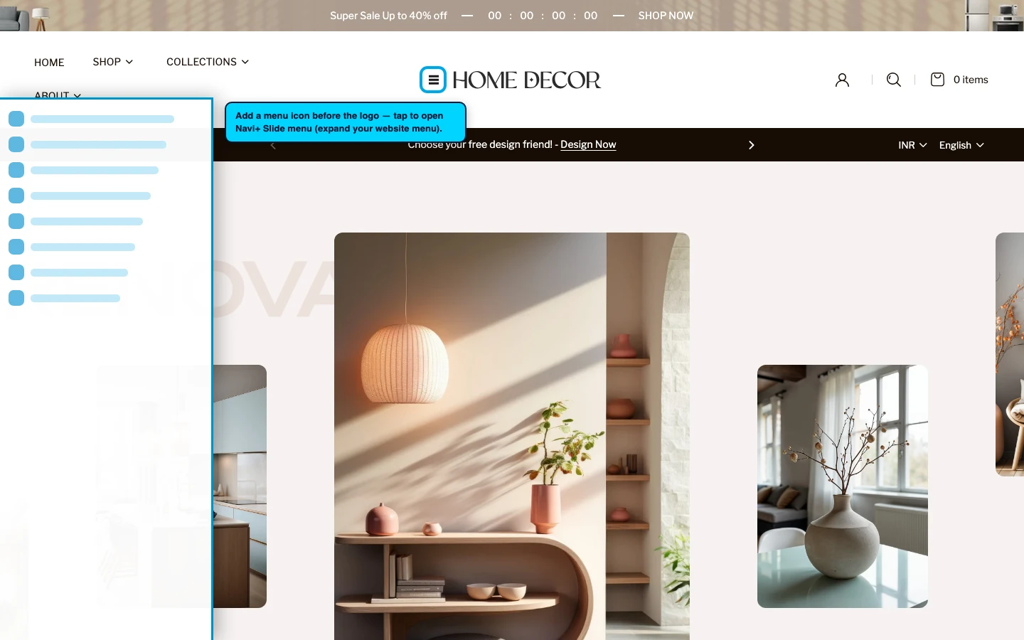 Navi+ trigger icon before the logo on the Renovate Shopify theme Navi+ trigger icon before the logo on the Renovate Shopify theme