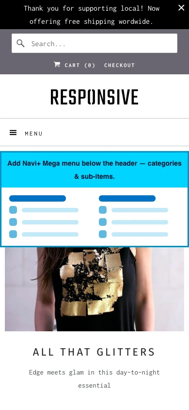 Navi+ mobile Mega Menu on the Responsive Shopify theme