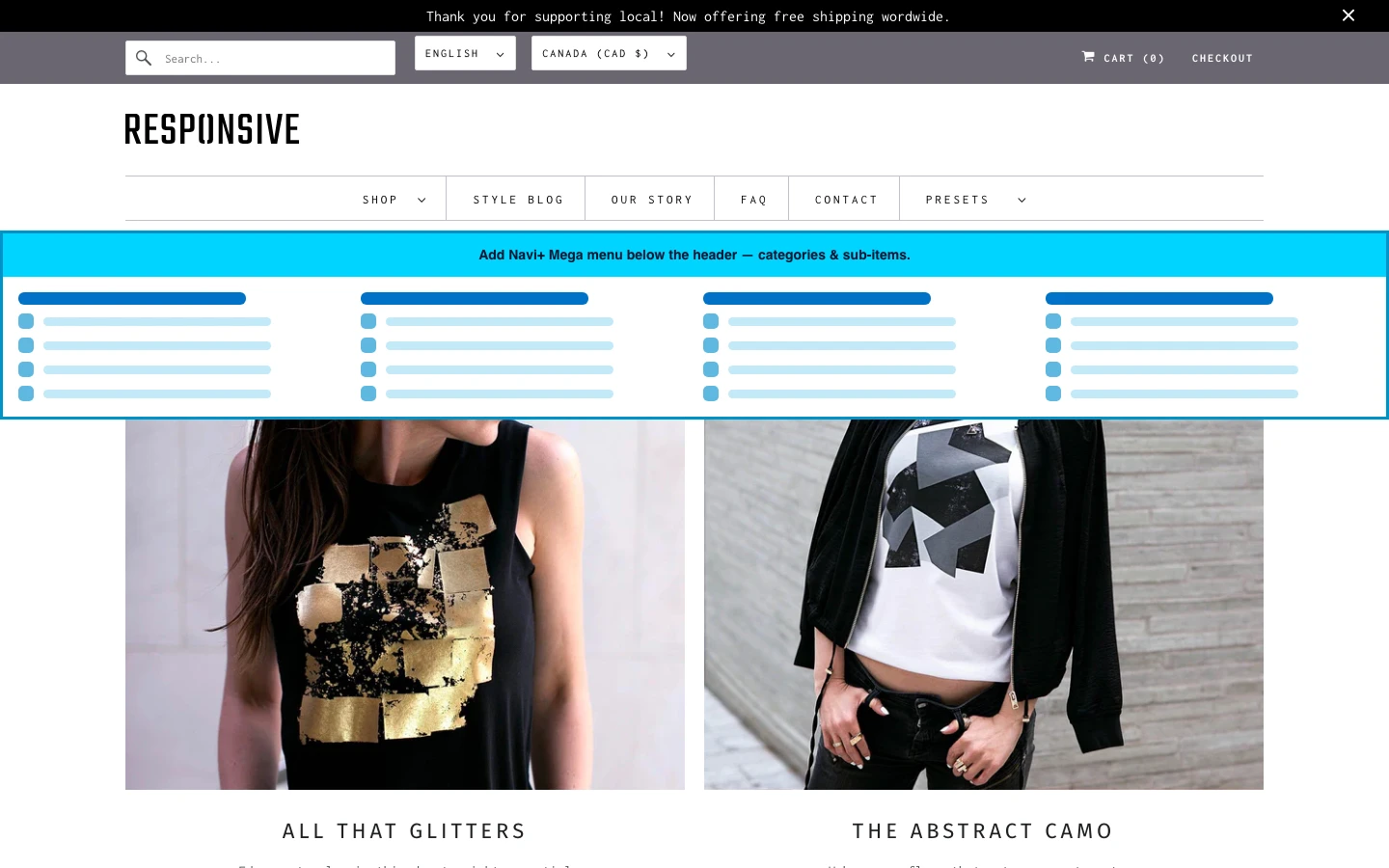 Navi+ Mega Menu inserted below the header on the Responsive Shopify theme