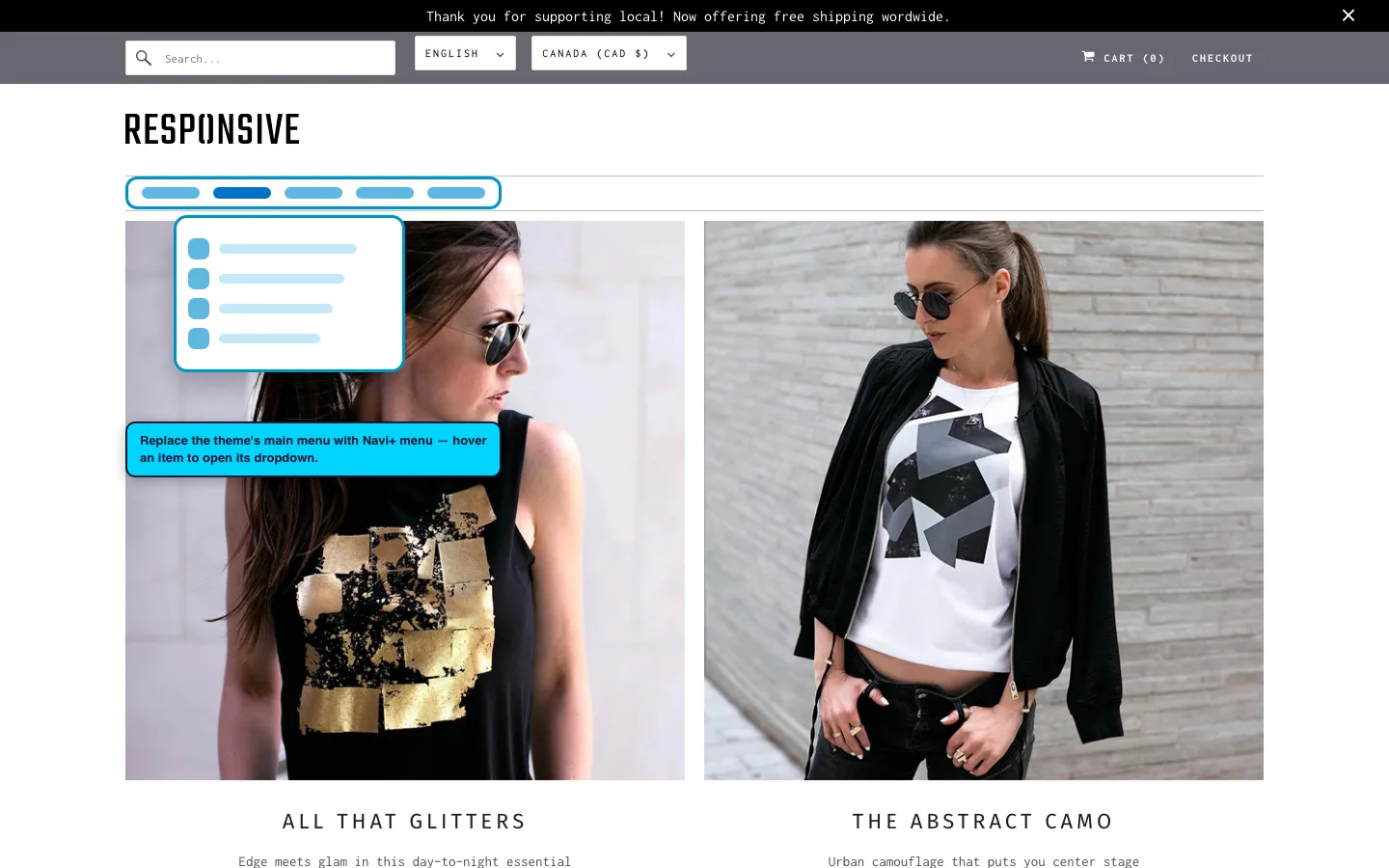 Navi+ Mega Menu replacing the desktop menu on the Responsive Shopify theme Navi+ Mega Menu replacing the desktop menu on the Responsive Shopify theme