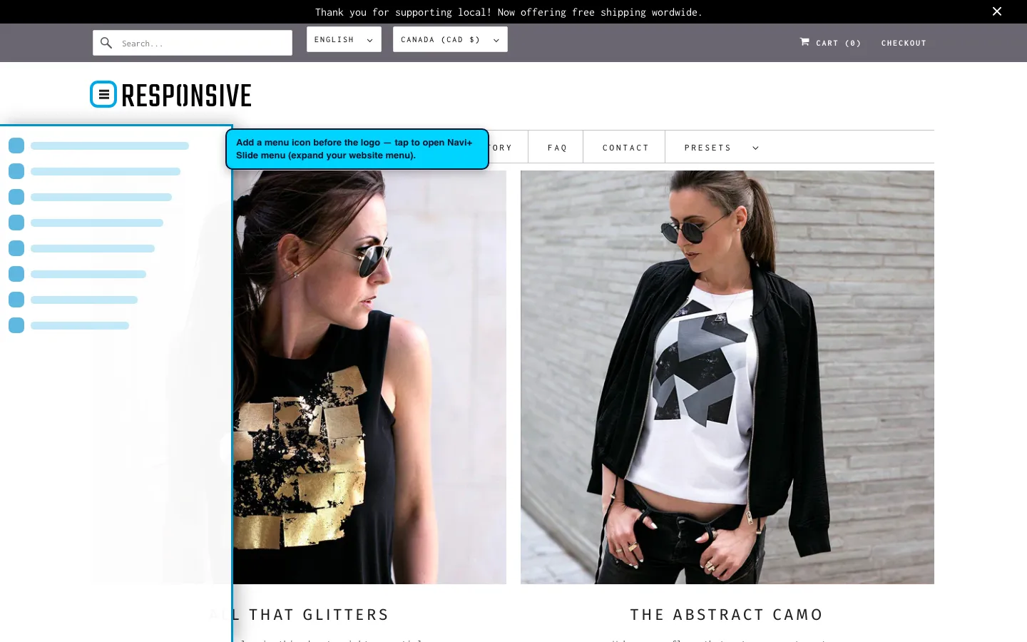 Navi+ trigger icon before the logo on the Responsive Shopify theme Navi+ trigger icon before the logo on the Responsive Shopify theme