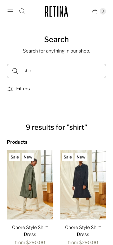 Search → panel opened — Navi+ on the Retina Shopify theme